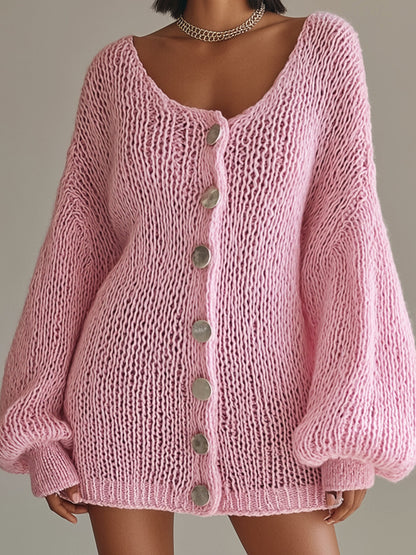 Chic Elegant Pink U-Neck Long Lantern Sleeve Single-Breasted Loose-Fit Soft Knit Mini Dress