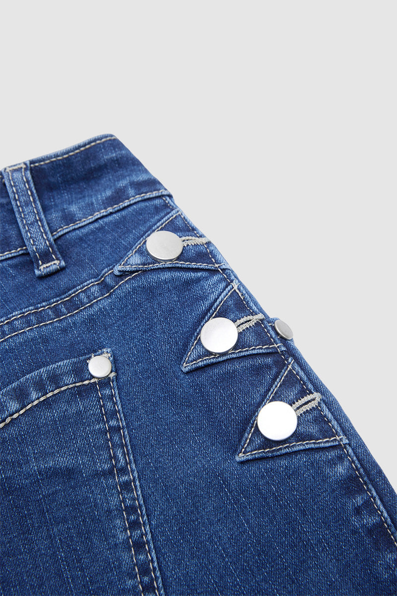 Wash Button Side High Rise Straight Leg Jeans