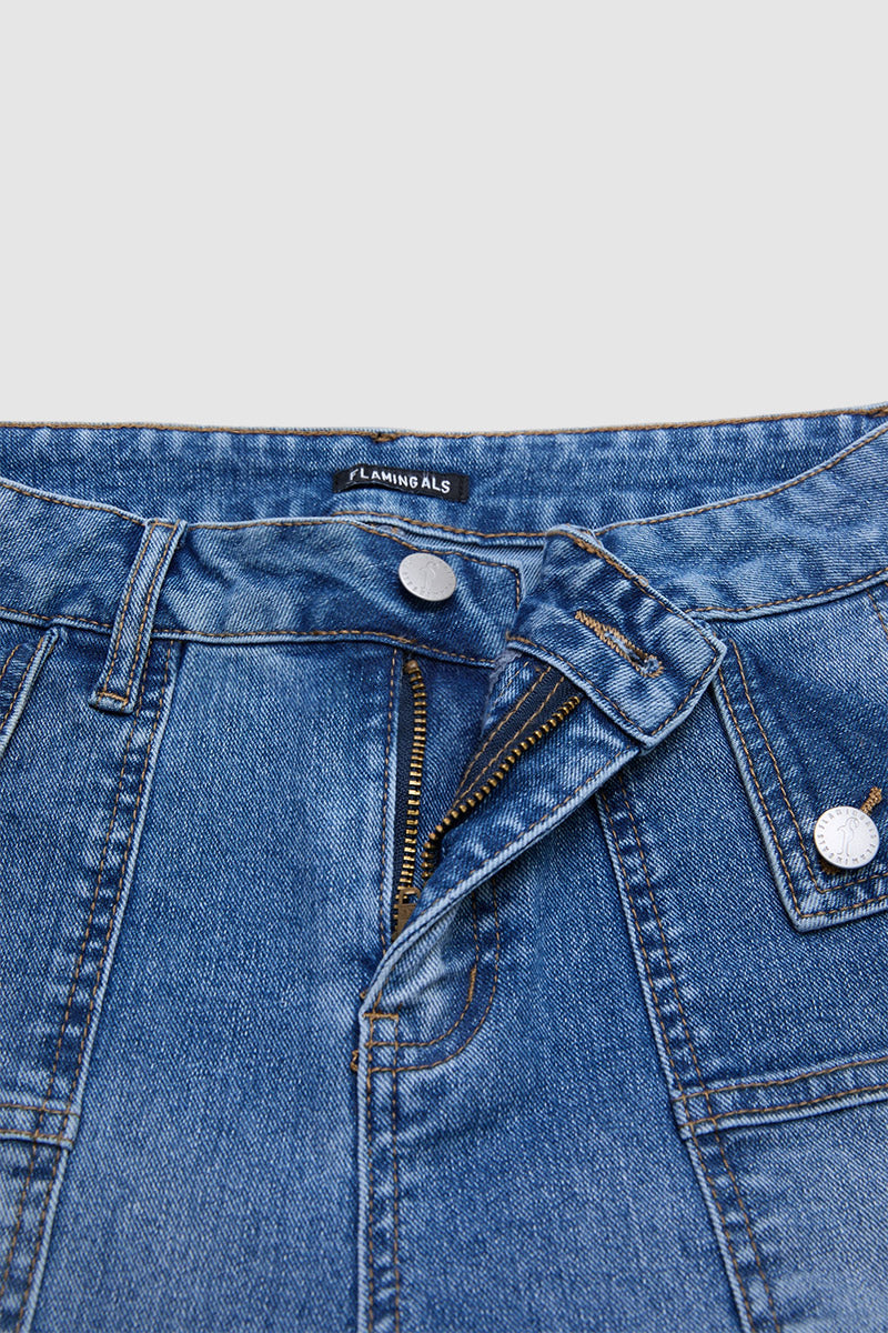 Wash Flap Decor Stitch Detail Mid Waist Denim Bermuda Shorts Without Belt