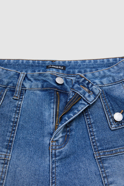 Wash Flap Decor Stitch Detail Mid Waist Denim Bermuda Shorts Without Belt