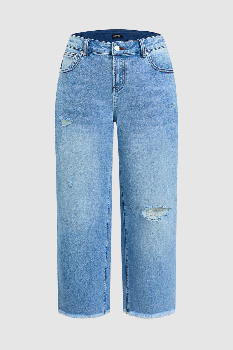 Raw Hem Ripped Mid Waist Straight Leg Crop Jeans
