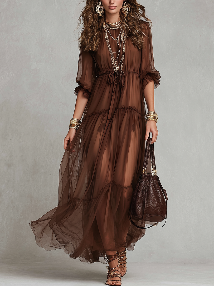 Robe longue en tulle marron style bohème