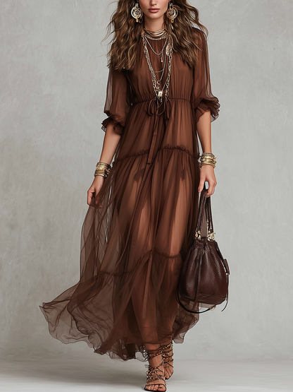 Robe longue en tulle marron style bohème