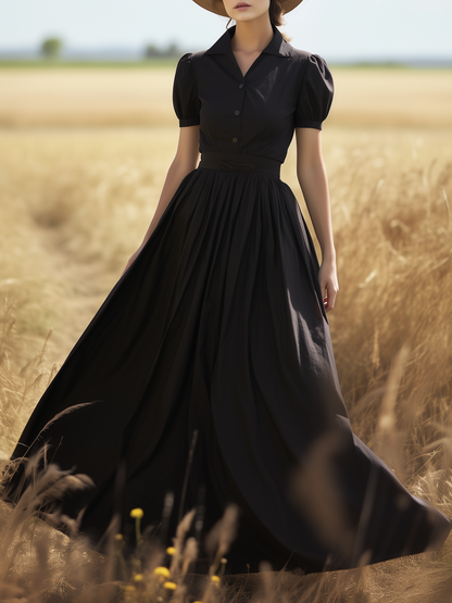 Robe longue en coton, manches courtes, col châle, unie, été, noire