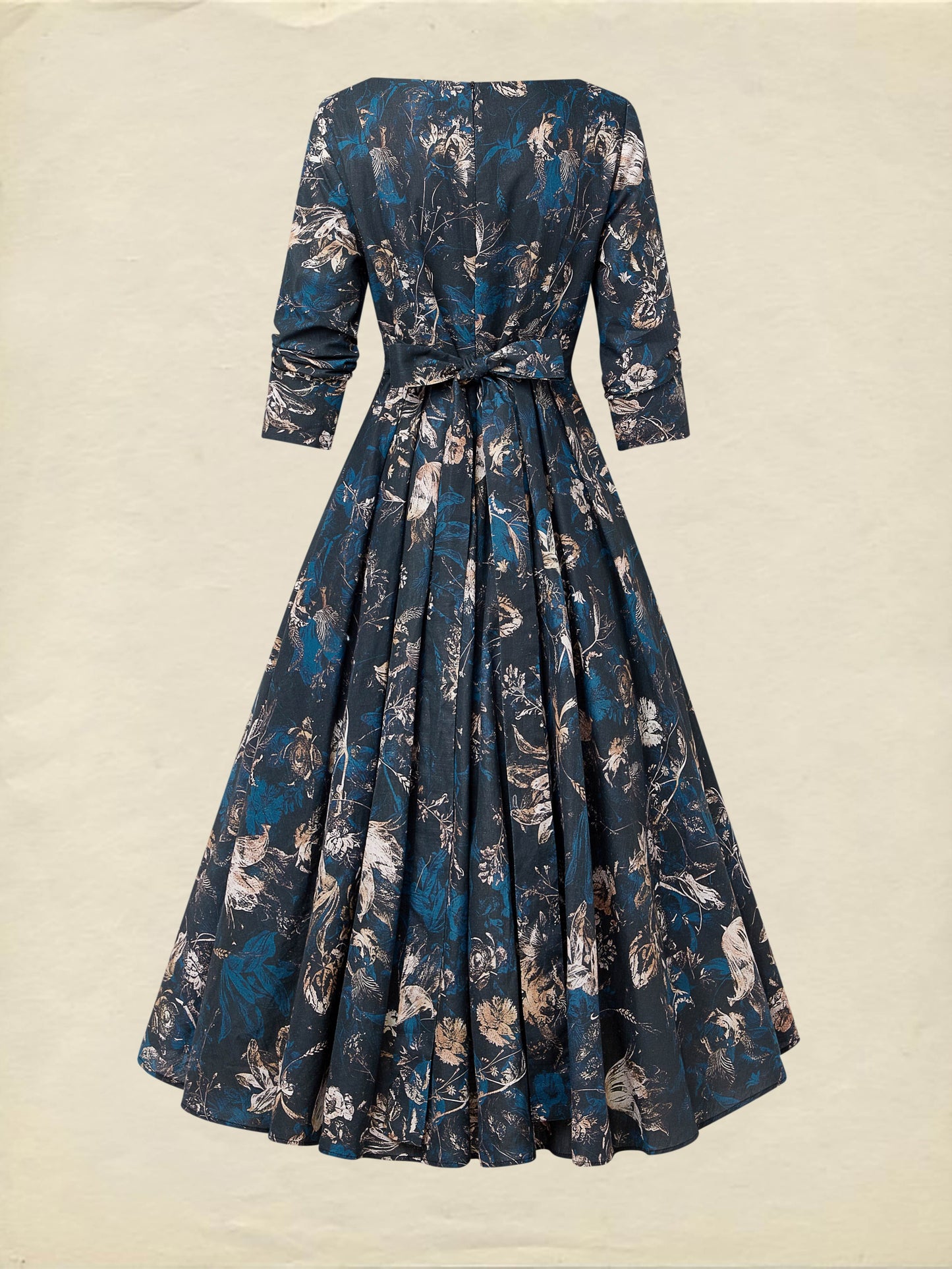 Robe midi en lin, manches longues, col en V, motif floral, boutonnée, style vintage, bleu foncé
