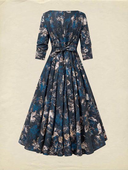 Robe midi en lin, manches longues, col en V, motif floral, boutonnée, style vintage, bleu foncé