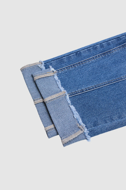 Roll & Raw Hem Stitch Detail Flap Decor High Waist Tapered Cropped Jeans