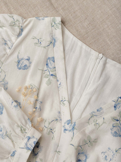 Robe longue en lin, Manches 3/4, Col en V, Mélange de lin, Bleu