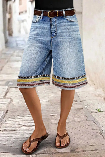 Embroidery Mid Waist Denim Bermuda Shorts Without Belt