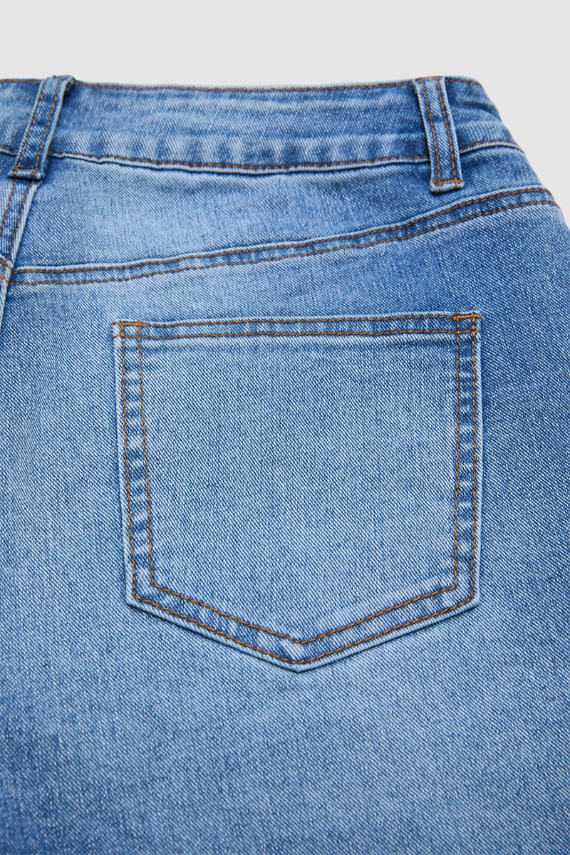 Wash Raw Hem Mid Waist Denim Mid Thigh Shorts Without Belt