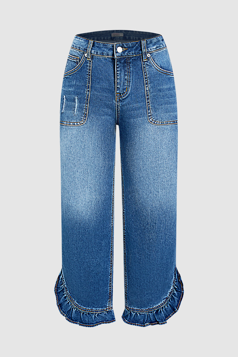 Wash Ruffle Hem Patch Pocket Mid Waist Straight Leg Jeans Without Belt