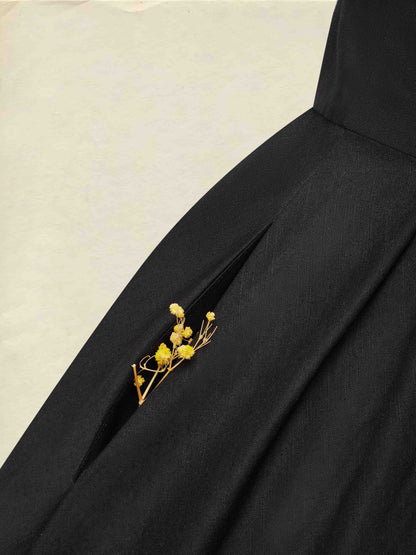 Robe Midi en Lin, Manches Mi-longues, Col Cœur, Unie, Dentelle, Vintage, Noir
