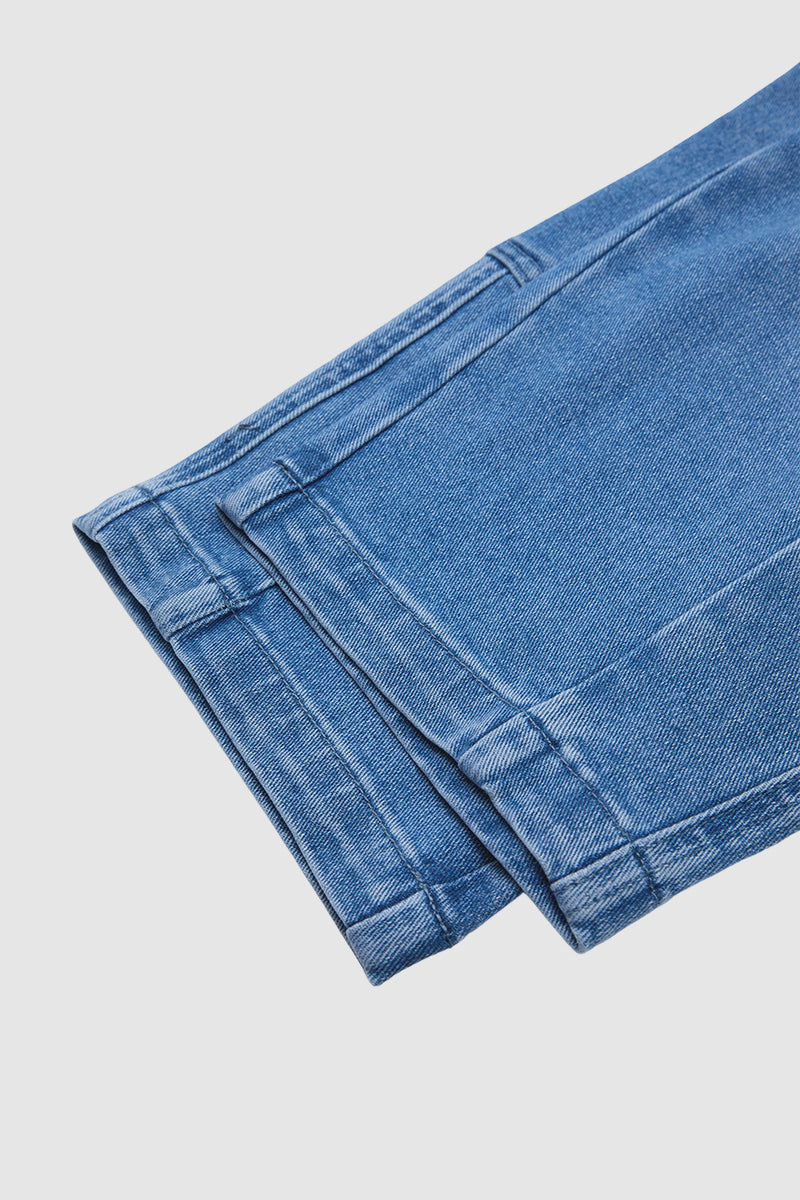 Wash Pocket Side Mid Waist Barrel Leg Capri Jeans Without Belt
