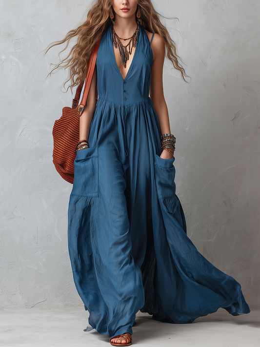 Robe bleu foncé en V, style français