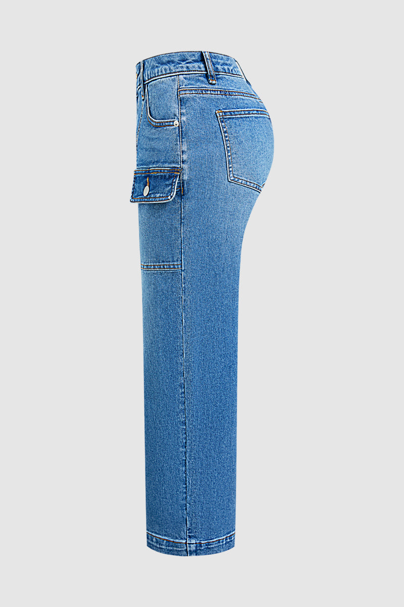 Wash Flap Pocket Stitch Detail Mid Waist Straight Leg Cropped Jeans Without Belt