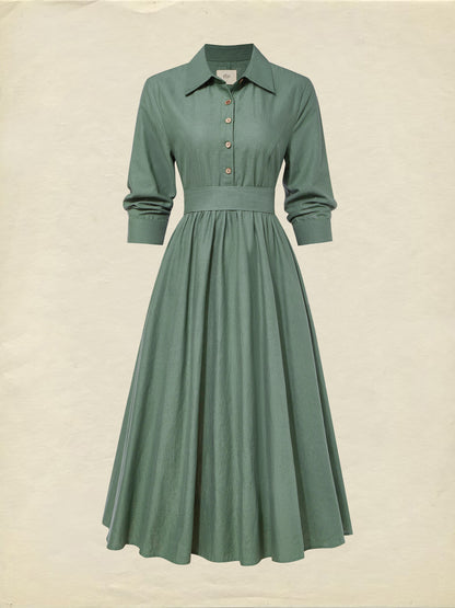 Robe mi-longue en lin, manches courtes, mélange de lin, unie, Renaissance, vert
