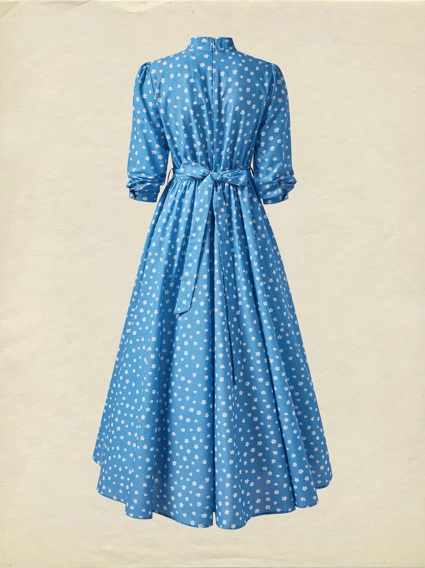 Robe longue en lin, manches 3/4, col montant, motif floral, mélange de lin, bleue
