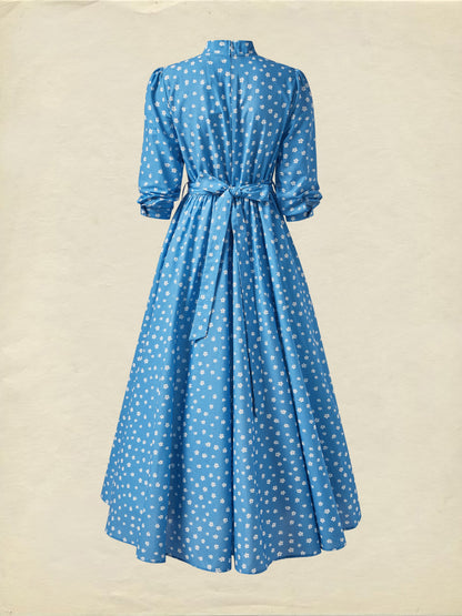 Robe longue en lin, manches 3/4, col montant, motif floral, mélange de lin, bleue