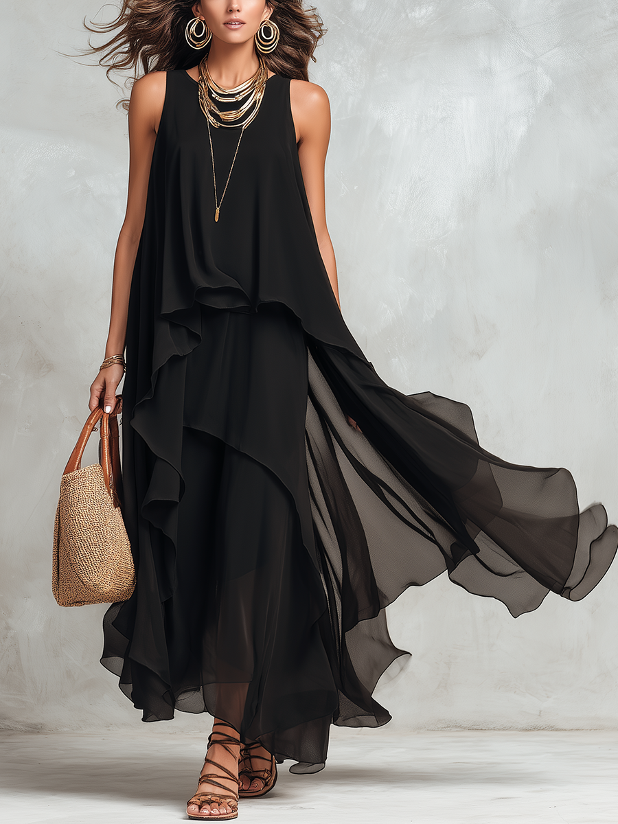 Robe longue bohème noire en mousseline étagée
