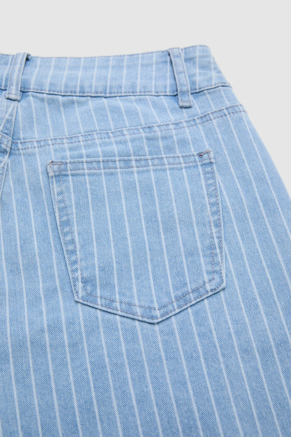 Pinstriped Roll Hem Mid Waist Denim Mid Thigh Shorts