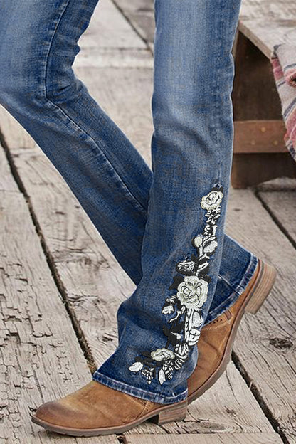 Washed Floral Embroidery Stretchy Mid Waist Bootcut Jeans