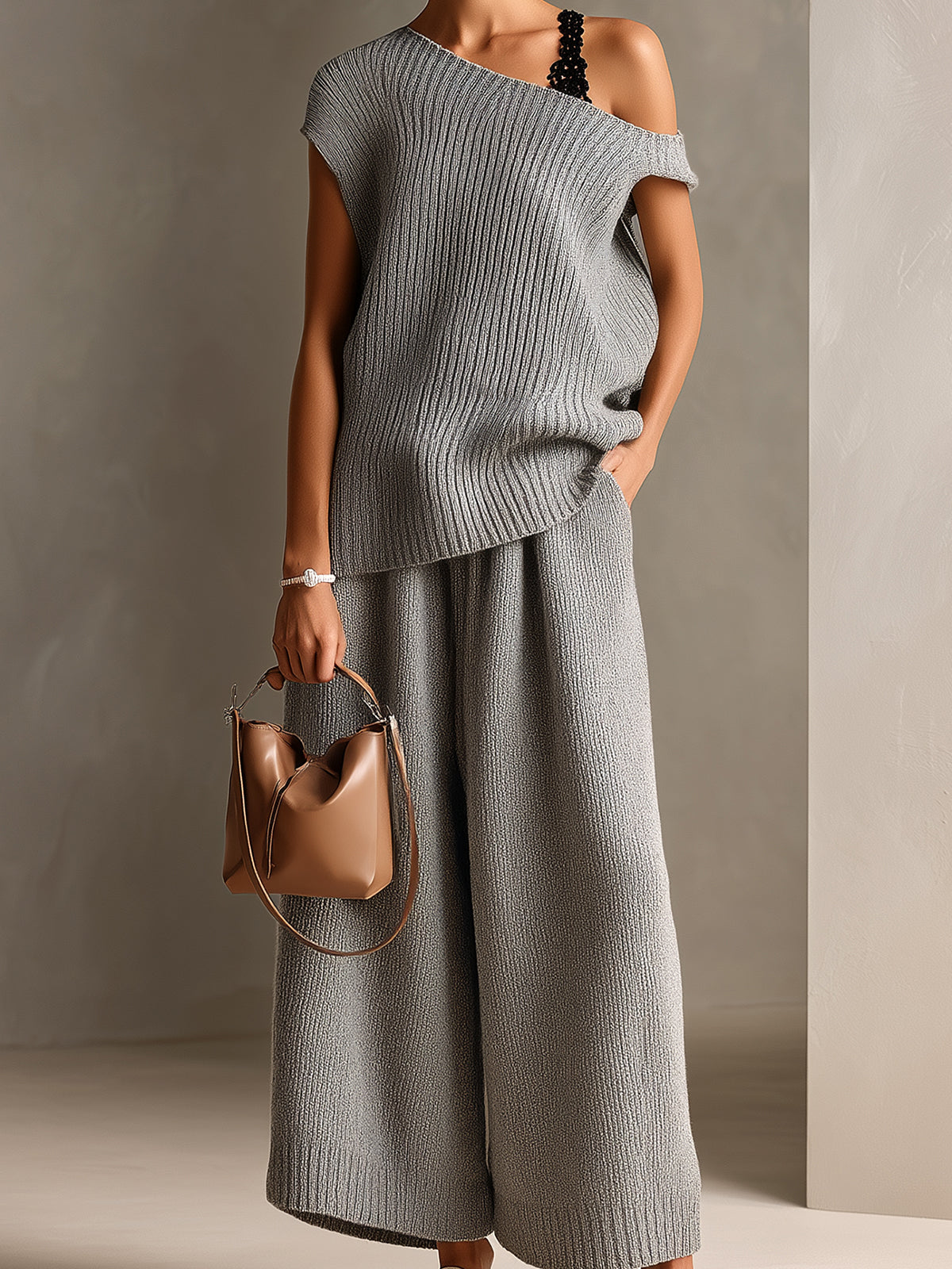 Chic Elegant Gray One Shoulder Short-Sleeve Lace Details Loose-Fit Sweater Oversize Wide-Leg Pants Ribbed Knit Two-Piece Set