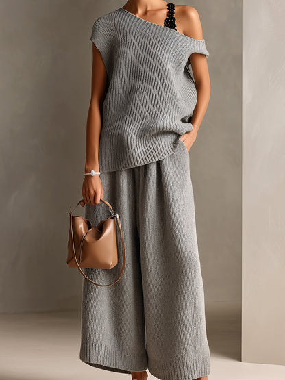 Chic Elegant Gray One Shoulder Short-Sleeve Lace Details Loose-Fit Sweater Oversize Wide-Leg Pants Ribbed Knit Two-Piece Set