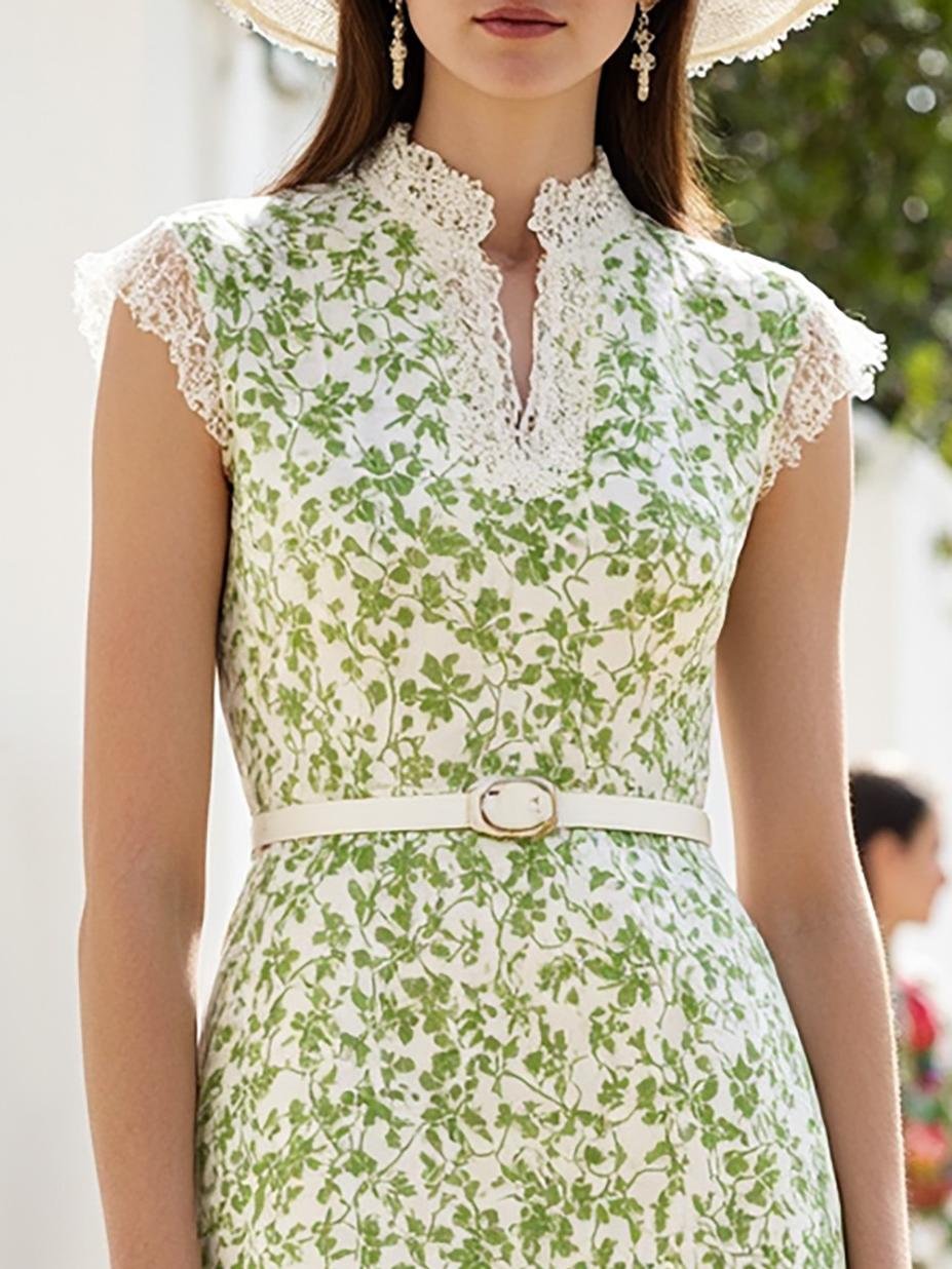 Robe midi en lin, Manches courtes, Col en V, Fleurie, Dentelle, Vintage français, Aqua