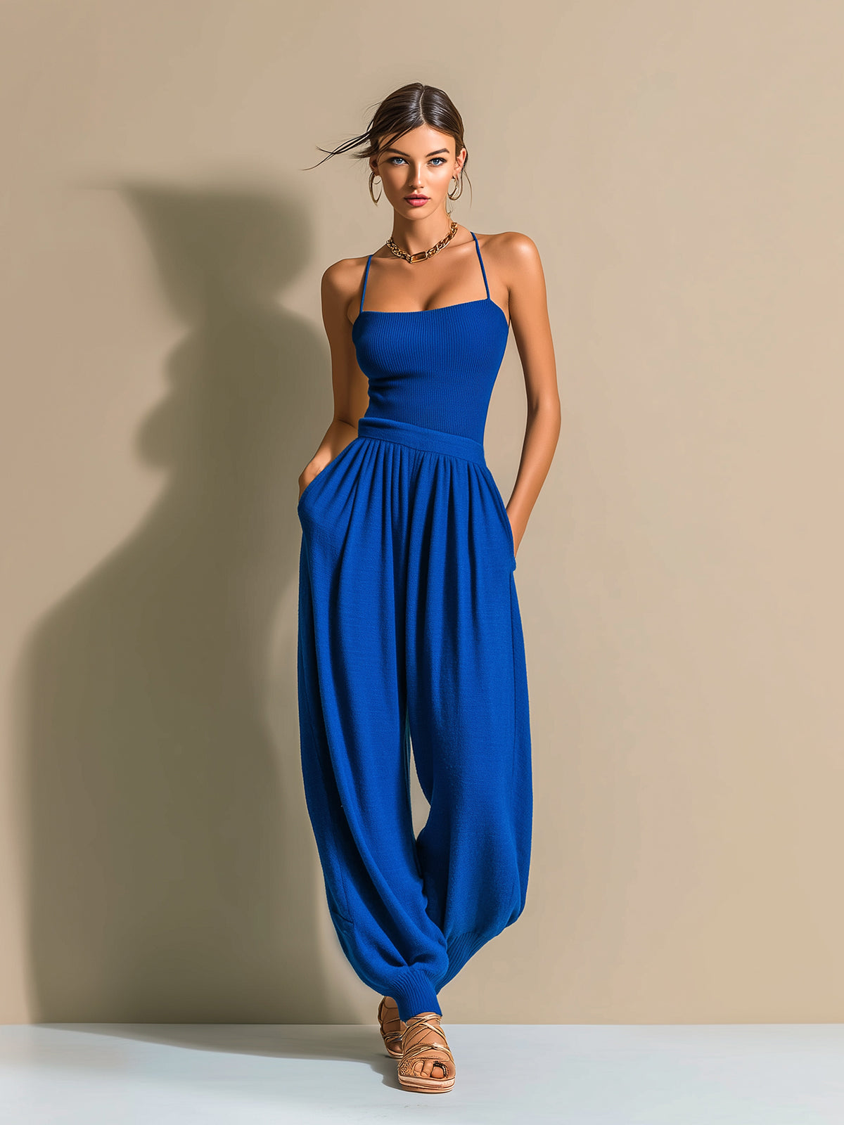Chic Elegant Royal Blue Sleeveless Thin Straps Slim-Fit Camisole Loose Lantern Pants Knit Two-Piece Set