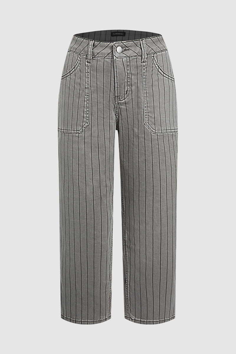 Striped Patch Pocket Mid Waist Wide Leg Cropped Pants Without Belt