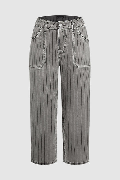 Striped Patch Pocket Mid Waist Wide Leg Cropped Pants Without Belt