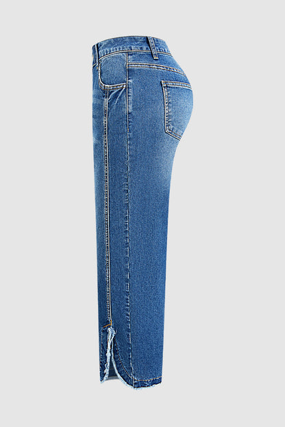Wash Raw Hem Split Mid Waist Wide Leg Cropped Jeans Without Belt