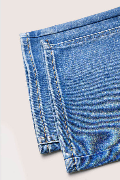 Wash Embroidery Mid Waist Straight Leg Jeans Without Belt