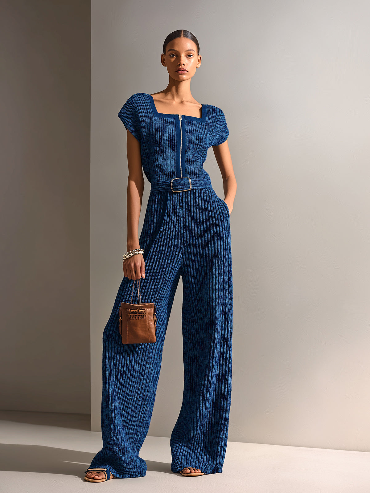 Chic Elegant Navy Blue Square Neck Short-Sleeve Loose-Fit Belted Wide-Leg Ribbed Knit Jumpsuit
