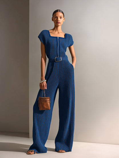 Chic Elegant Navy Blue Square Neck Short-Sleeve Loose-Fit Belted Wide-Leg Ribbed Knit Jumpsuit
