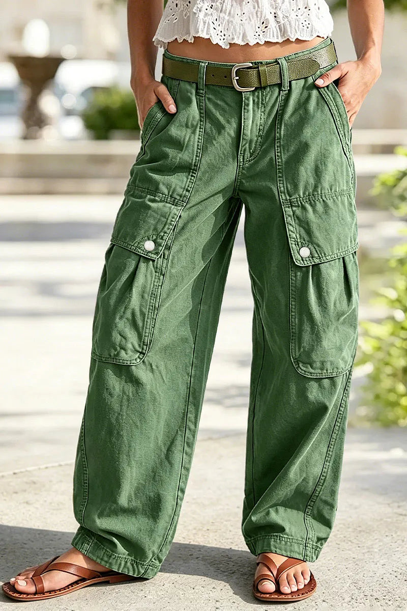 Solid Flap Pocket Mid Rise Wide Leg Cargo Pants Without Belt