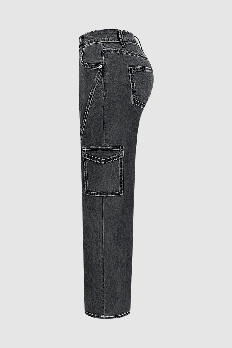 Wash Flap Pocket Seam Detail High Waist Straight Leg Pants Without Belt