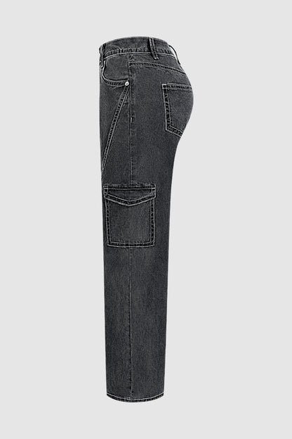 Wash Flap Pocket Seam Detail High Waist Straight Leg Pants Without Belt