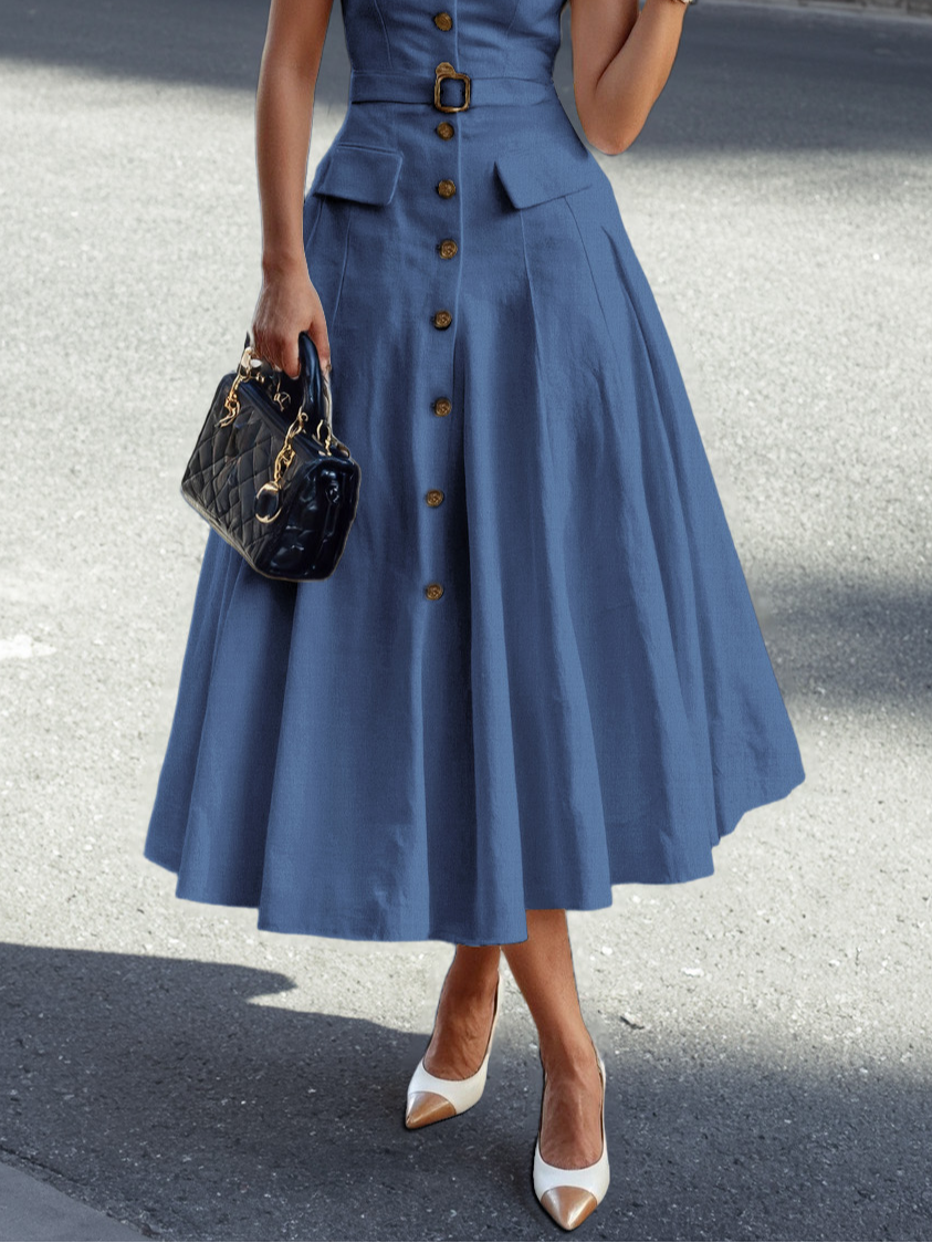 Robe Midi en Lin, Manches Courtes, Col Châle, Unie, Boutons, Style Vintage Français, Blanc