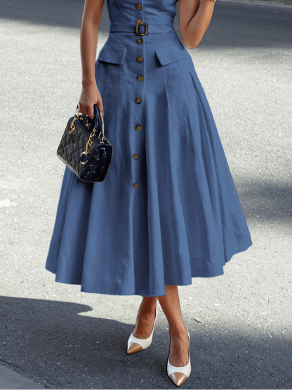 Robe Midi en Lin, Manches Courtes, Col Châle, Unie, Boutons, Style Vintage Français, Blanc