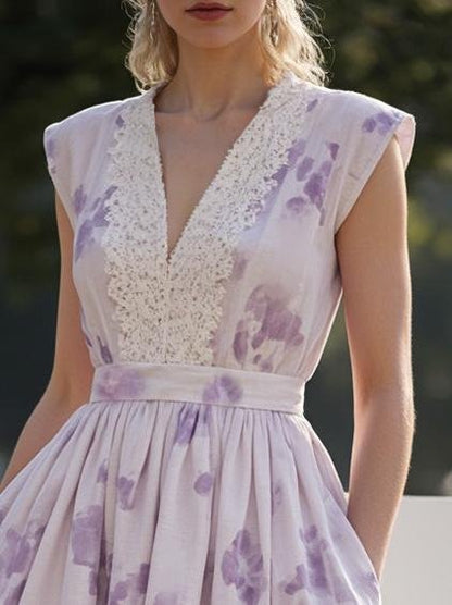Robe longue en lin, col en V, style cottagecore, mélange de lin, violet