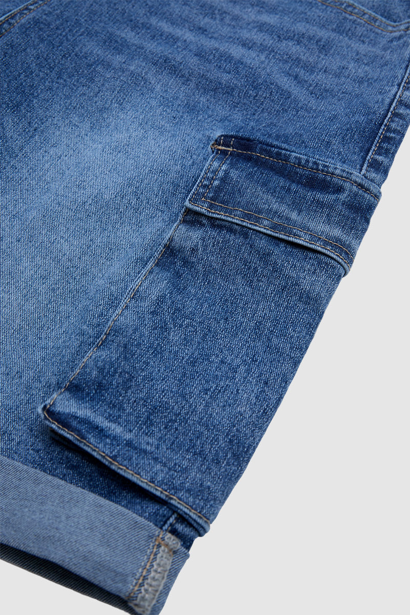 Wash Flap Pocket Roll Hem Belted High Rise Denim Bermuda Shorts