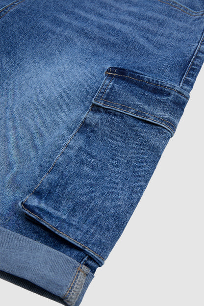 Wash Flap Pocket Roll Hem Belted High Rise Denim Bermuda Shorts
