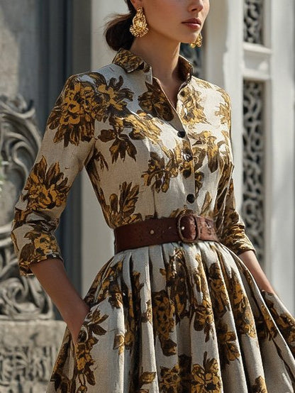 Robe midi en coton, demi-manches, col châle, motif floral, boutonnée, vintage, gris-brun