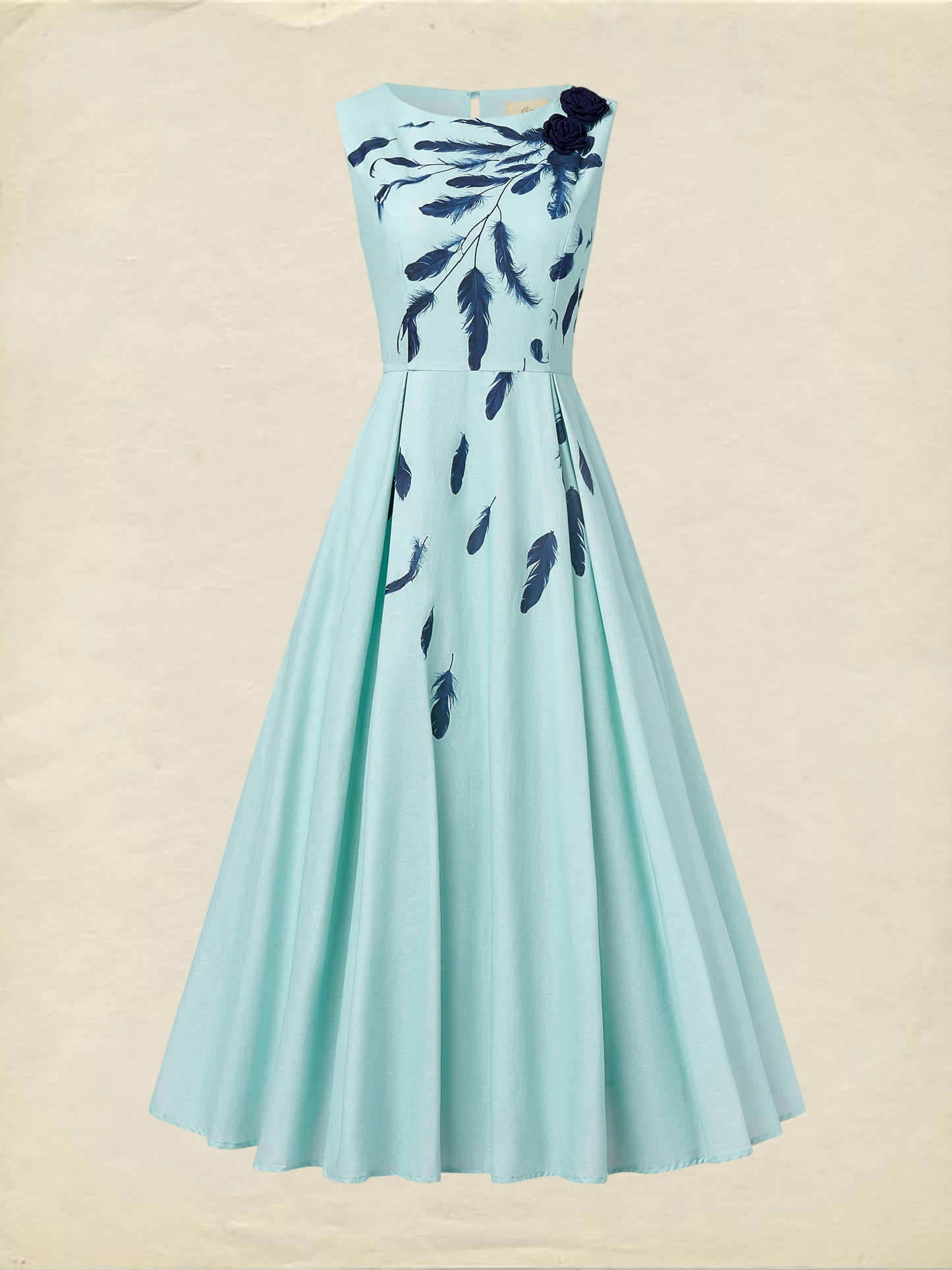Robe longue en lin, sans manches, col rond, motif plumes, poches, vintage, bleu ciel
