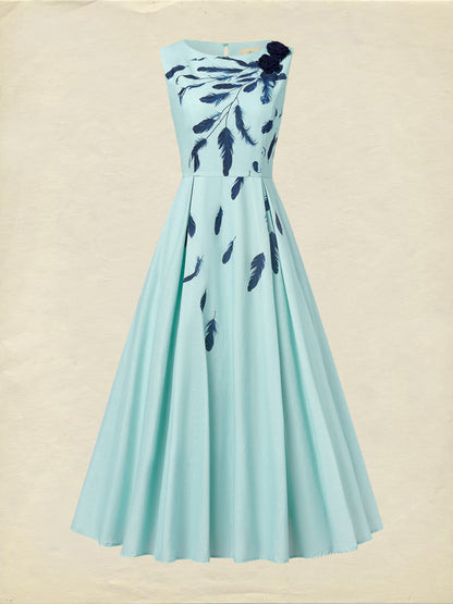 Robe longue en lin, sans manches, col rond, motif plumes, poches, vintage, bleu ciel