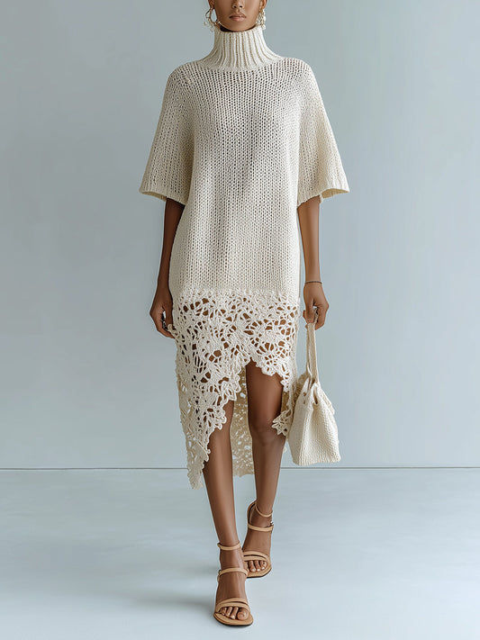 Chic Elegant Beige Turtle Neck Short-Sleeve Patchwork Irregular Lace Hem Relaxed-Fit Knit Midi Dress