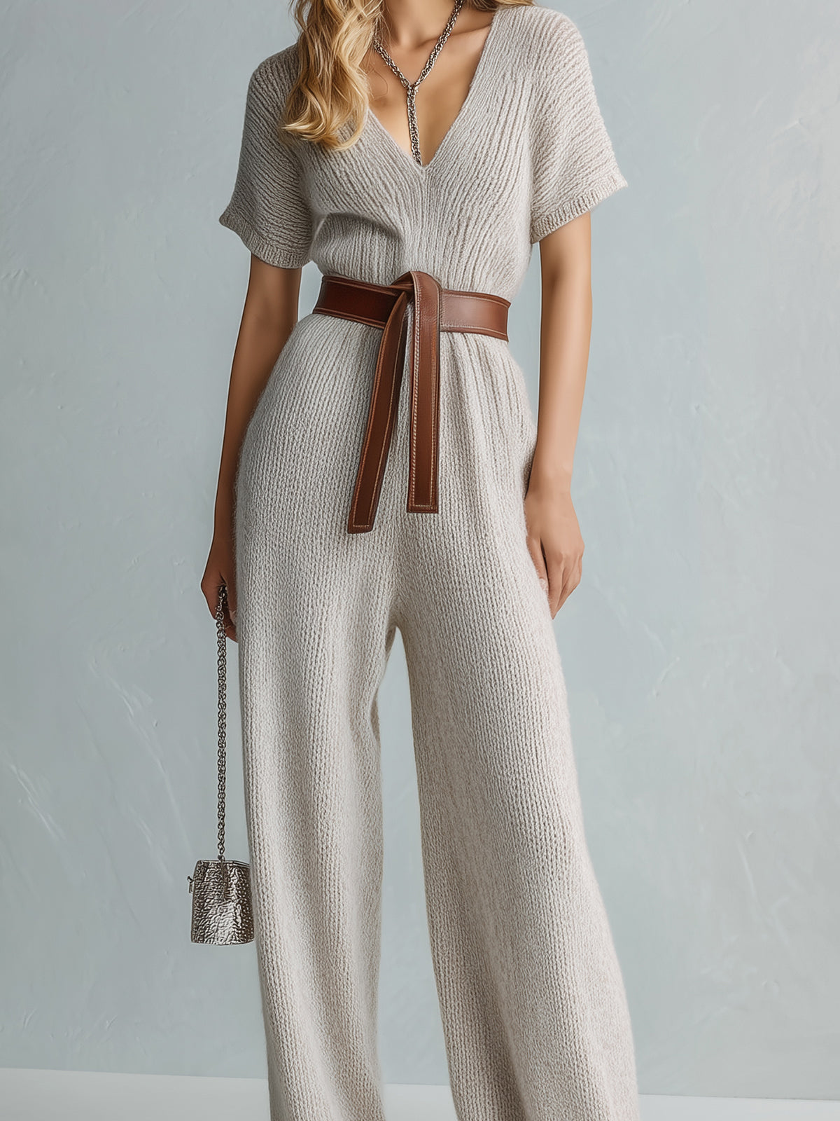 Chic Elegant Light Gray V-Neck Short-Sleeve Belted Loose-Fit Wide-Leg Knit Jumpsuit