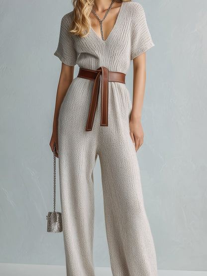 Chic Elegant Light Gray V-Neck Short-Sleeve Belted Loose-Fit Wide-Leg Knit Jumpsuit