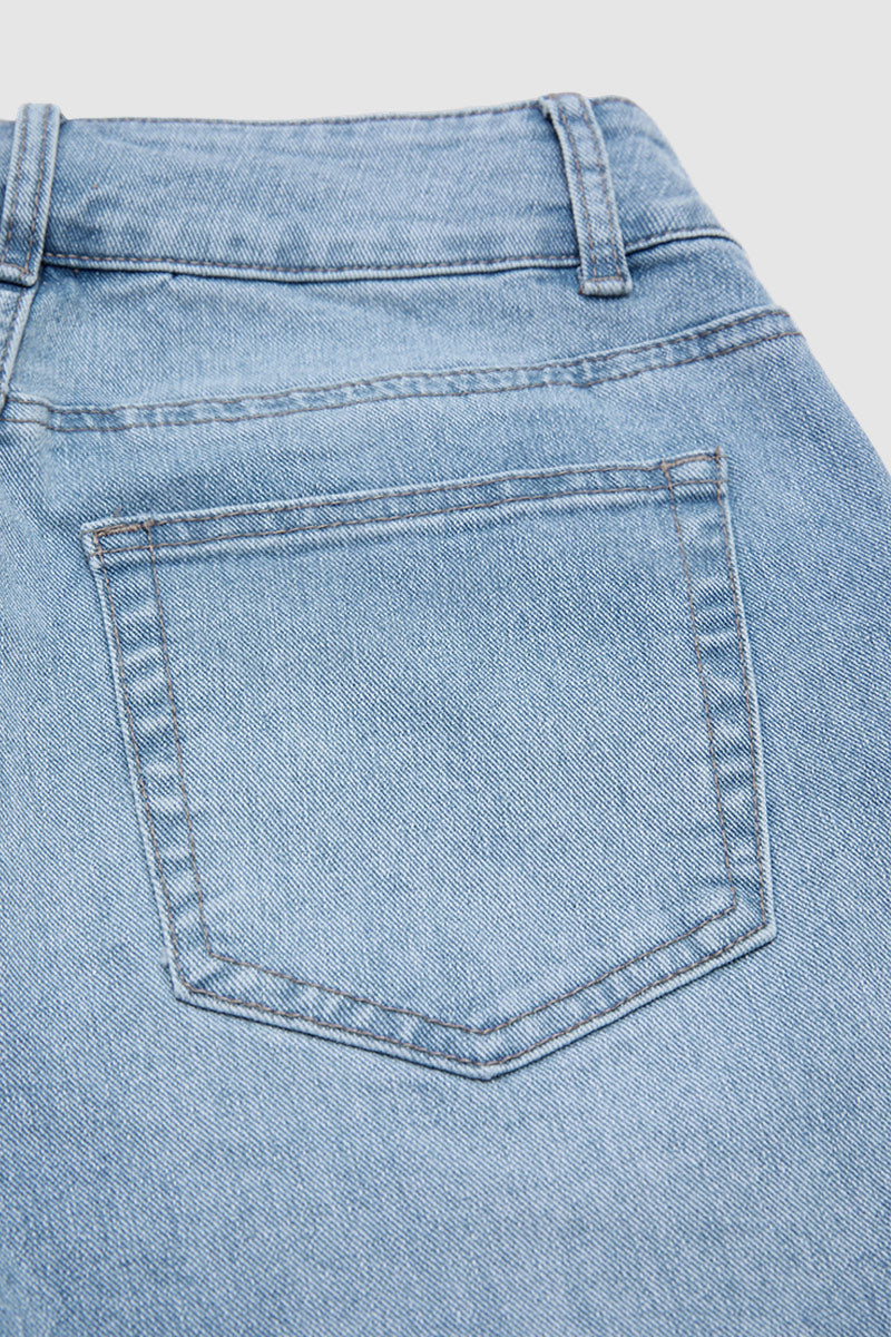 Wash Floral Embroidery High Waist Denim Bermuda Shorts